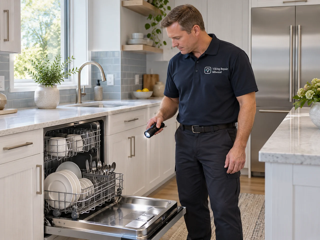 Illustration of a technician wearing the Viking Repair Millwood logo beside a Monogram dishwasher
