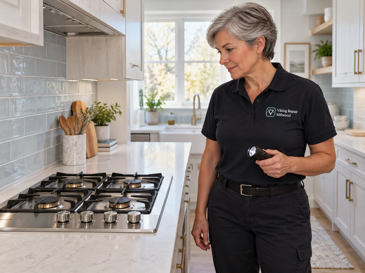 Illustration of a technician wearing the Viking Repair Millwood logo beside a Viking cooktop