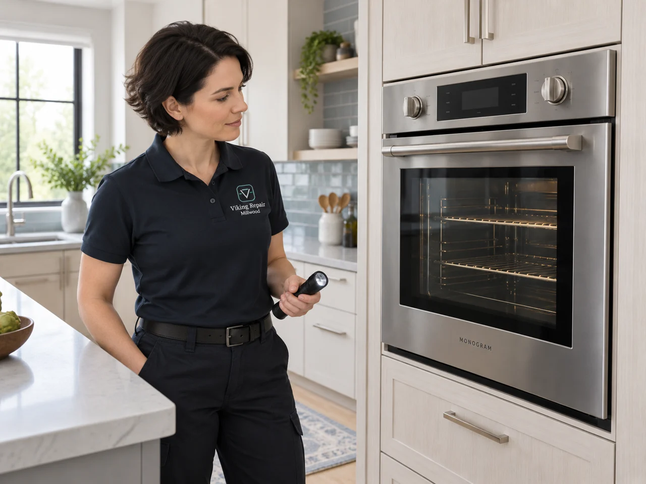 Illustration of a technician wearing the Viking Repair Millwood logo beside a Monogram oven